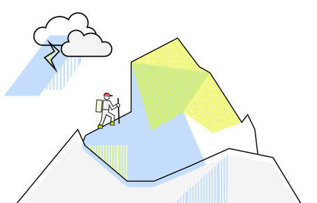Hiker climbing a steep mountain face under a storm cloud