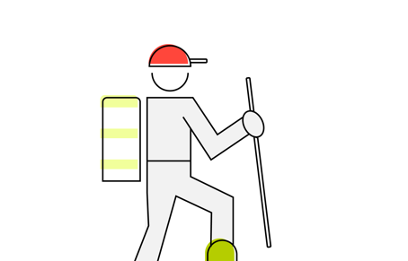 Illustrated hiker with cap, backpack and walking pole